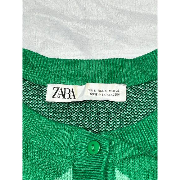 ZARA Green Argyle Cardigan Sweater Button Front Cropped Preppy Y2K Women’s Small - Picture 3 of 7